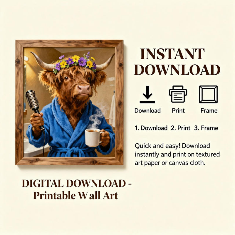 Load image into Gallery viewer, Funny Bathroom Art Highland Cow Bubble Bath Animal Wall Decor Printable Matte Download

