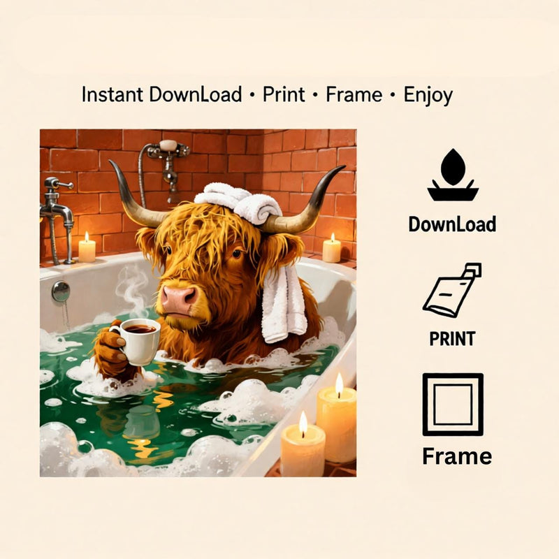 Load image into Gallery viewer, Funny Highland Cow Bathroom Wall Art Printable Rustic Farm Animal Bath Decor Digital Download
