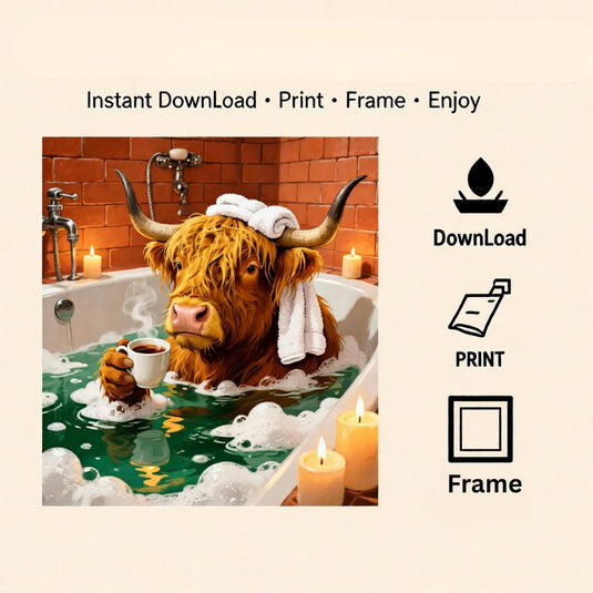 Funny Highland Cow Bathroom Wall Art Printable Rustic Farm Animal Bath Decor Digital Download