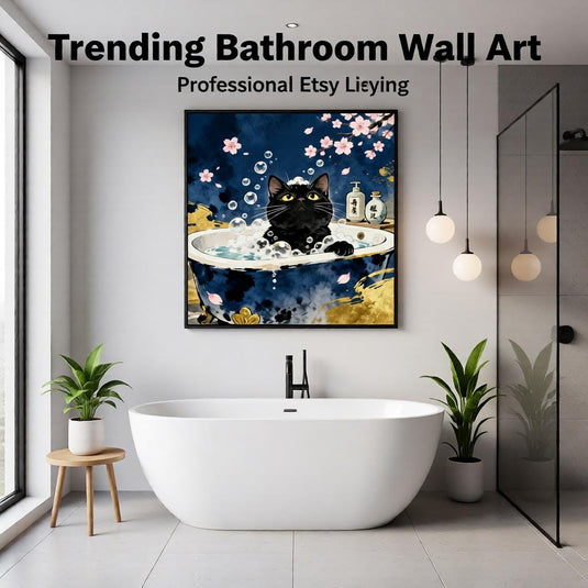 Black Cat Wall Art Japandi Zen Bathroom Decor Toilet Printable Matte Download