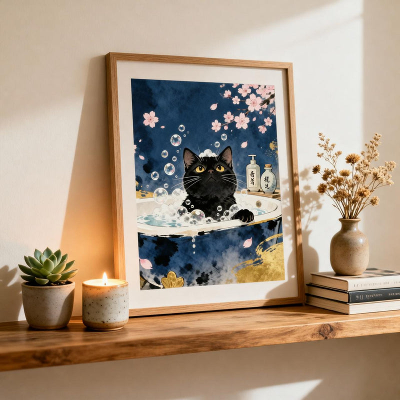 Load image into Gallery viewer, Black Cat Wall Art Japandi Zen Bathroom Decor Toilet Printable Matte Download
