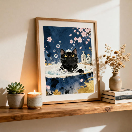 Black Cat Wall Art Japandi Zen Bathroom Decor Toilet Printable Matte Download