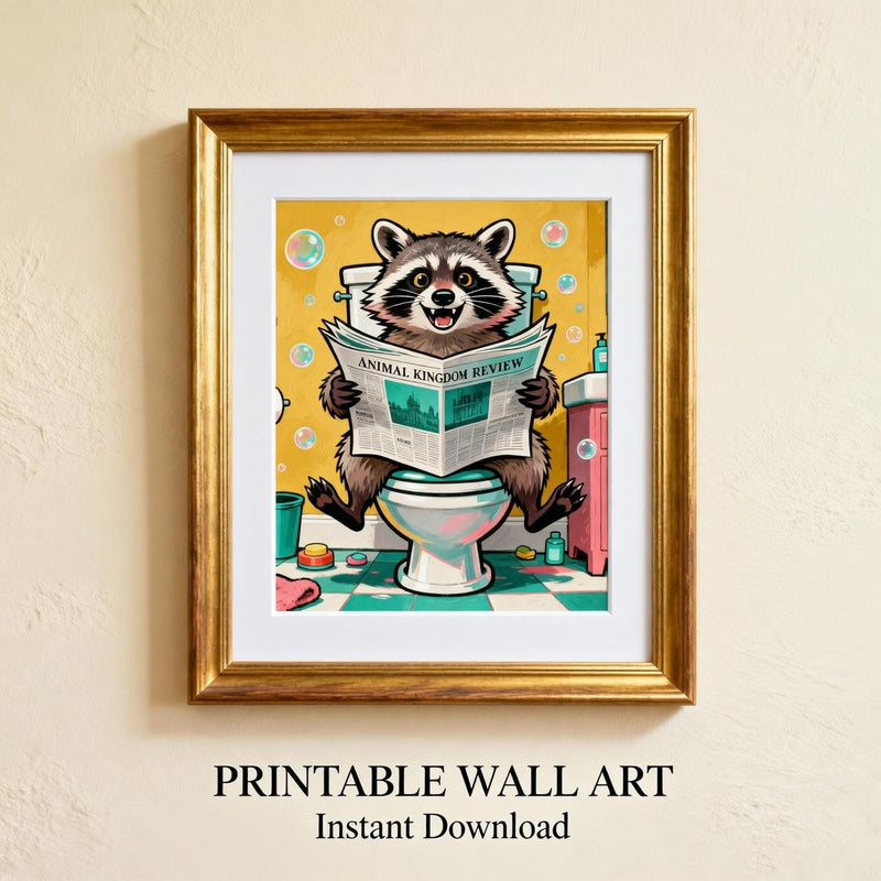 Load image into Gallery viewer, Bathroom Wall Art Funny Raccoon Toilet Humor Decor Quirky Printable Matte Download
