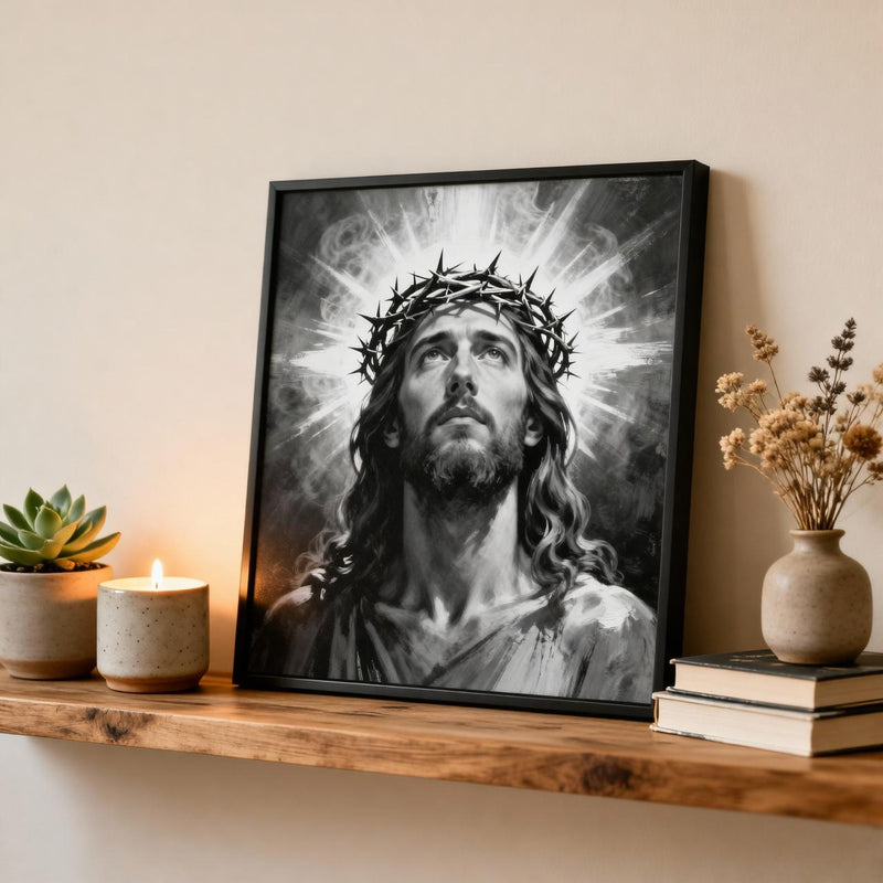 Load image into Gallery viewer, Black and White Jesus Crown of Thorns Wall Art (Digital Download)
