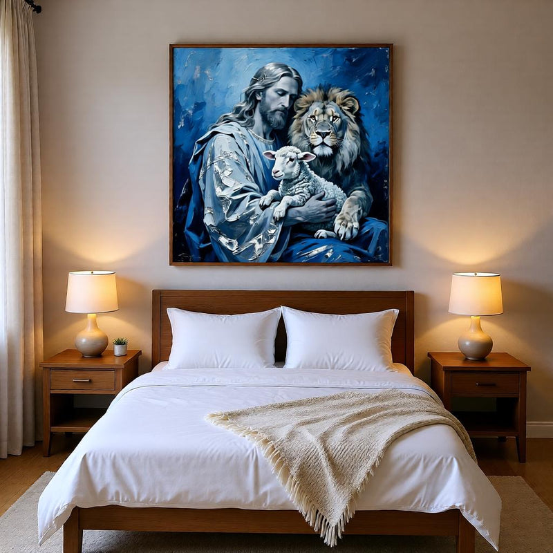 Load image into Gallery viewer, Holy Family Art Jesus Lion Lamb Print Christian Decor Blue Matte Download Spiritual
