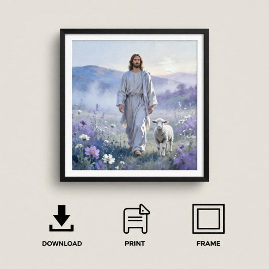 Jesus Lamb Art Leaves 99 Print Christian Gospel Decor Peaceful Matte Download Faith