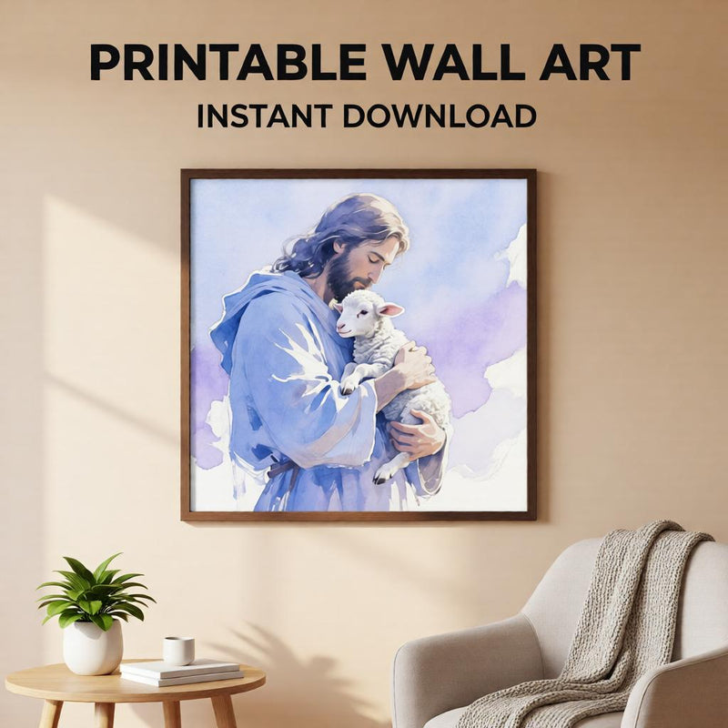 Load image into Gallery viewer, Jesus With Lamb Art Watercolor Print Christian Faith Decor Peaceful Matte Download
