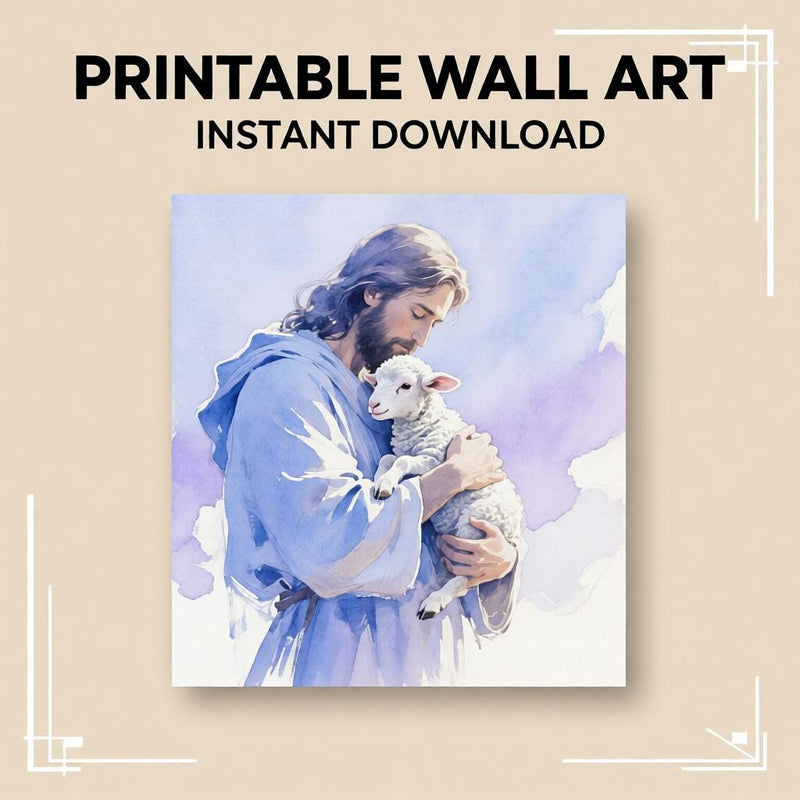 Load image into Gallery viewer, Jesus With Lamb Art Watercolor Print Christian Faith Decor Peaceful Matte Download
