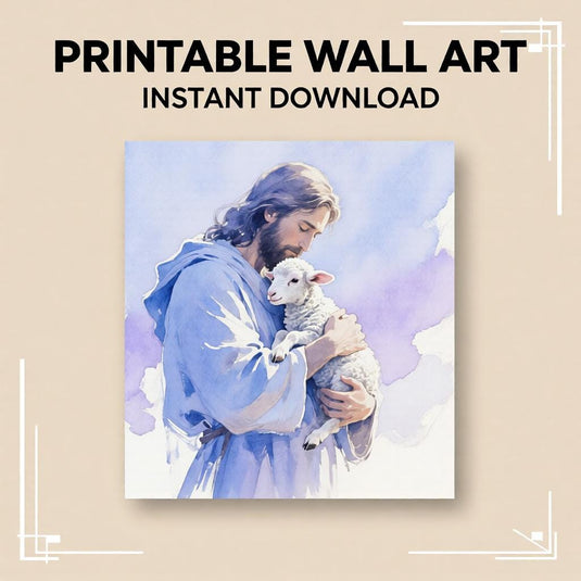 Jesus With Lamb Art Watercolor Print Christian Faith Decor Peaceful Matte Download