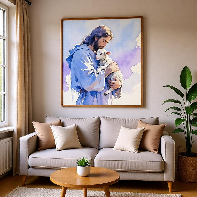 Load image into Gallery viewer, Jesus With Lamb Art Watercolor Print Christian Faith Decor Peaceful Matte Download

