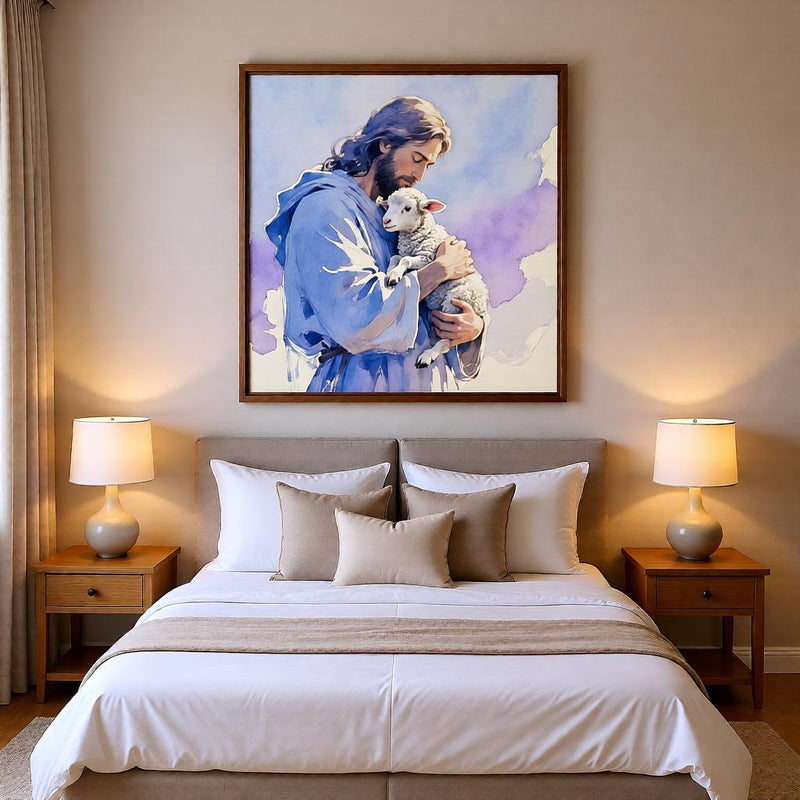 Load image into Gallery viewer, Jesus With Lamb Art Watercolor Print Christian Faith Decor Peaceful Matte Download
