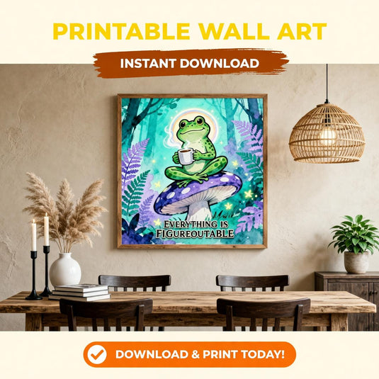 Frog Wall Art Printable, Figureoutable Quote, Green Mushroom Forest Decor Download