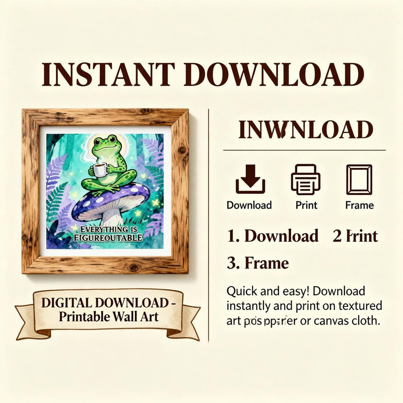 Load image into Gallery viewer, Frog Wall Art Printable, Figureoutable Quote, Green Mushroom Forest Decor Download
