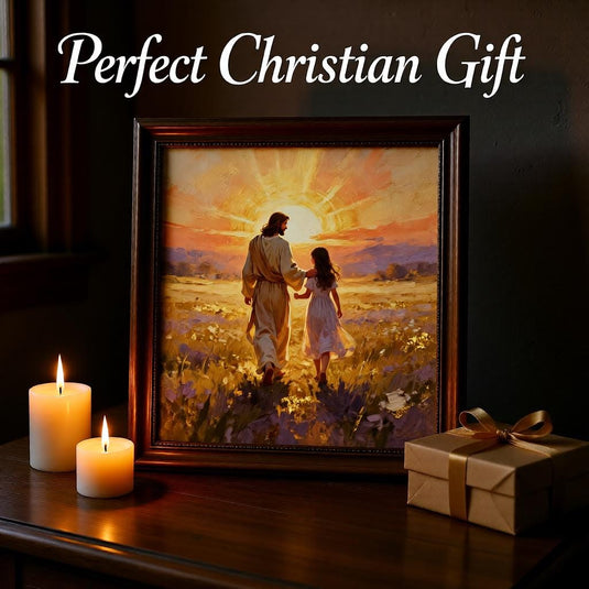 Spiritual Artwork Jesus Walking Child Print Christian Faith Decor Matte Download Sunset