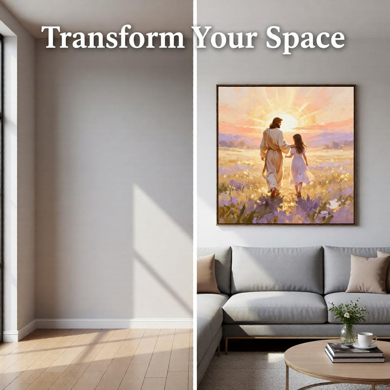 Load image into Gallery viewer, Spiritual Artwork Jesus Walking Child Print Christian Faith Decor Matte Download Sunset

