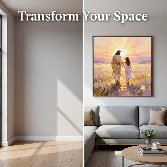 Spiritual Artwork Jesus Walking Child Print Christian Faith Decor Matte Download Sunset