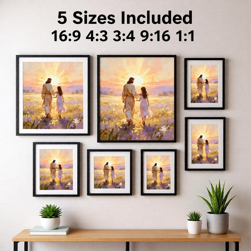 Load image into Gallery viewer, Spiritual Artwork Jesus Walking Child Print Christian Faith Decor Matte Download Sunset

