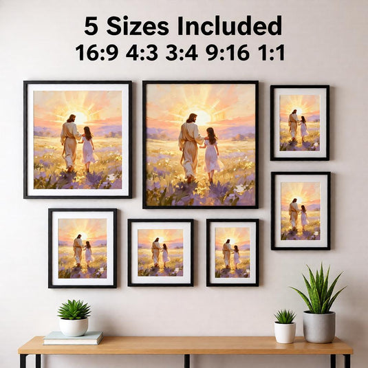 Spiritual Artwork Jesus Walking Child Print Christian Faith Decor Matte Download Sunset