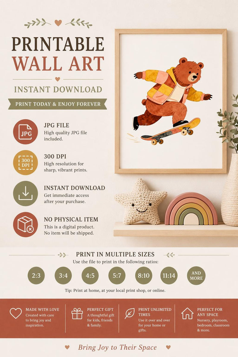 Load image into Gallery viewer, Whimsical Bear Wall Art Skateboard Printable Nursery Decor Kids Room Matte Download Gift
