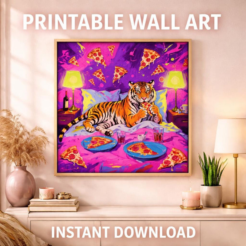 Load image into Gallery viewer, Tiger Wall Art Pizza Printable Pop Decor Quirky Animal Poster Matte Download
