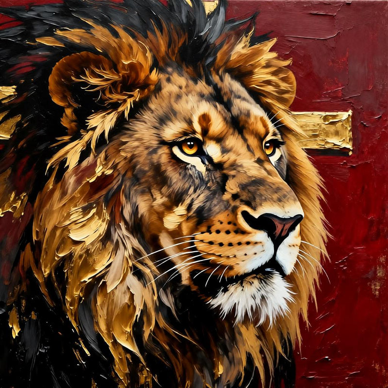 Load image into Gallery viewer, Lion of Judah Art Gold Cross Print Christian Wall Decor Matte Download Faith
