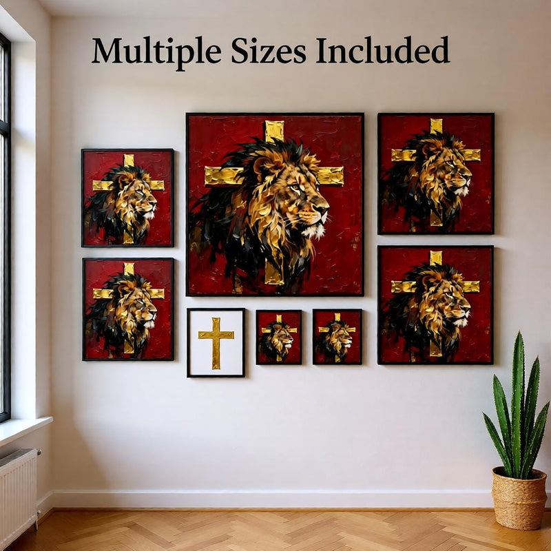 Load image into Gallery viewer, Lion of Judah Art Gold Cross Print Christian Wall Decor Matte Download Faith
