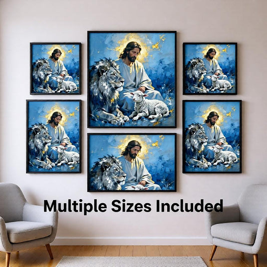 Jesus Wall Art Lion Lamb Print Christian Poster Faith Decor Blue Matte Download Scripture