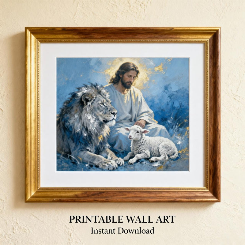 Load image into Gallery viewer, Jesus Wall Art Lion Lamb Print Christian Poster Faith Decor Blue Matte Download Scripture
