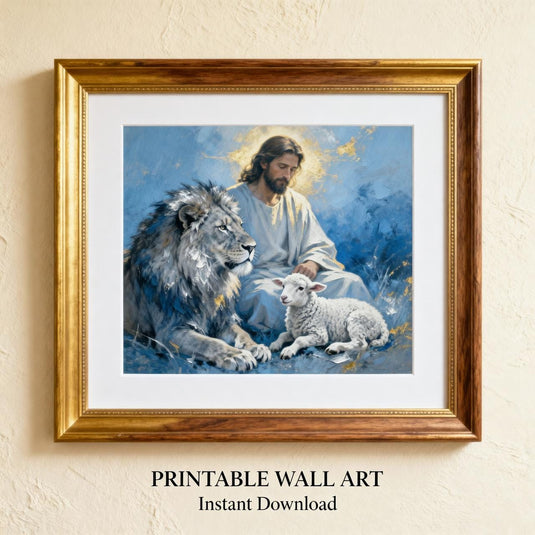 Jesus Wall Art Lion Lamb Print Christian Poster Faith Decor Blue Matte Download Scripture