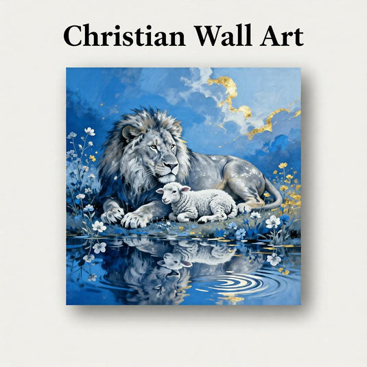 Lion and Lamb Art Christian Wall Print Faith Decor Blue Gold Matte Download Spiritual