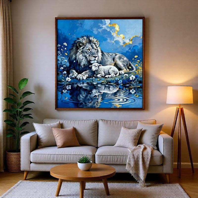 Load image into Gallery viewer, Lion and Lamb Art Christian Wall Print Faith Decor Blue Gold Matte Download Spiritual
