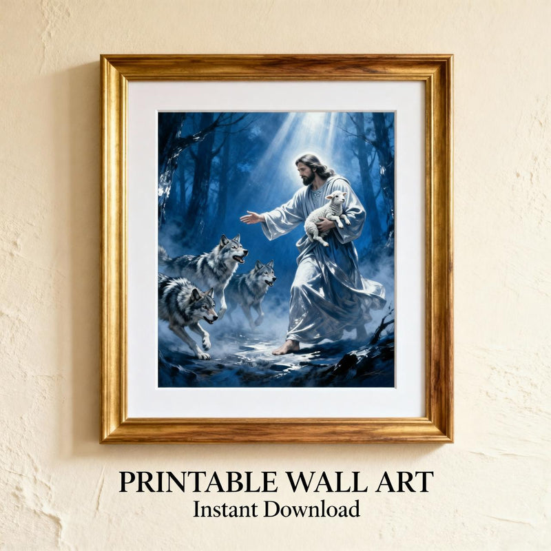 Load image into Gallery viewer, Jesus Protects Lamb Print Christian Wall Art Faith Decor Printable Download Bible Artwork Gift
