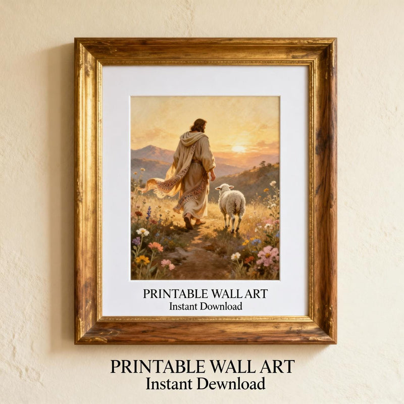 Load image into Gallery viewer, Jesus Wall Art Good Shepherd Print Sunset Bible Decor Matte Download Faith Lamb

