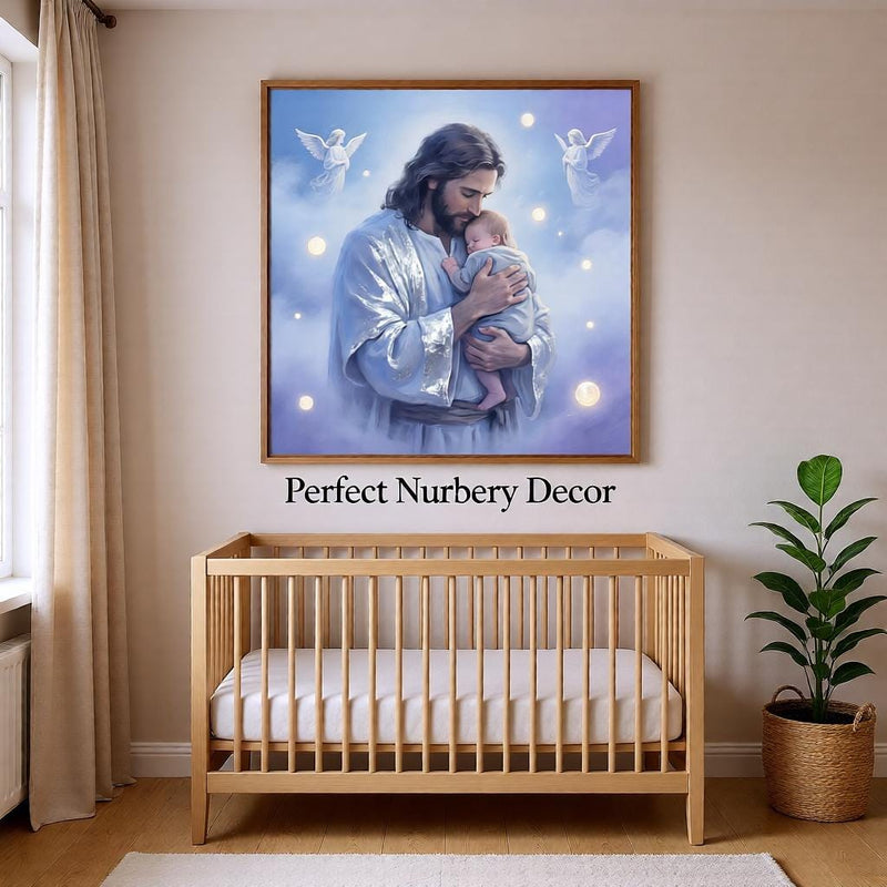 Load image into Gallery viewer, Jesus Holding Baby Art Christian Nursery Print Memorial Blue Matte Download Faith Decor

