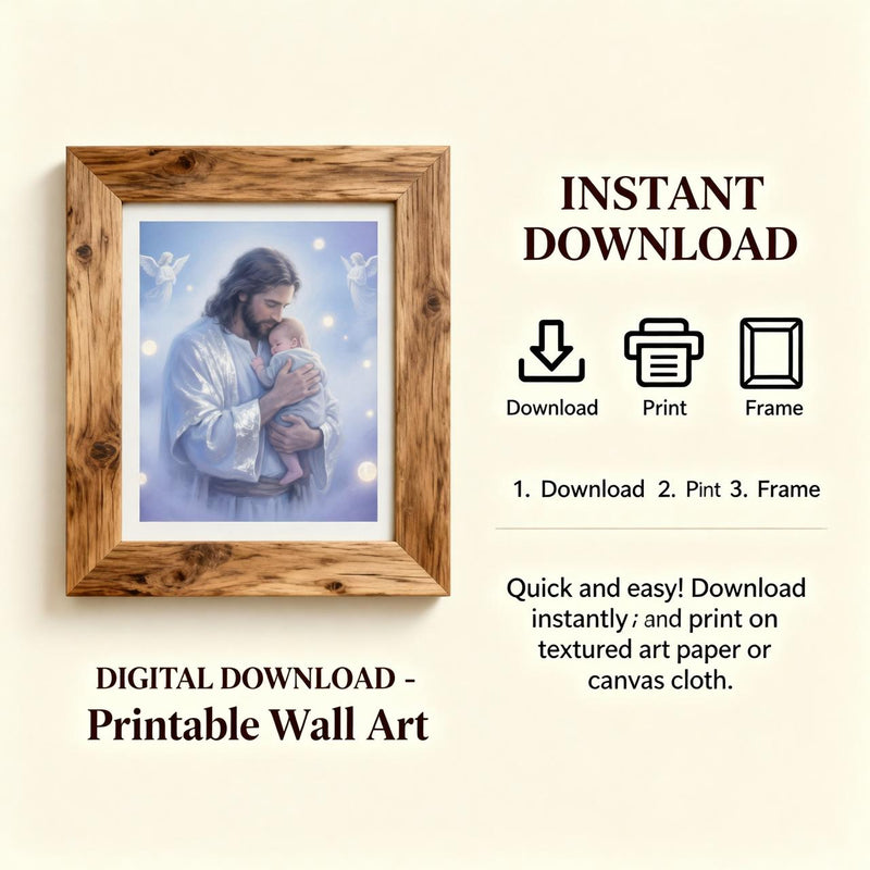 Load image into Gallery viewer, Jesus Holding Baby Art Christian Nursery Print Memorial Blue Matte Download Faith Decor
