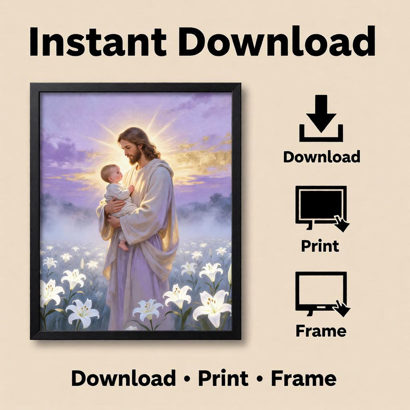 Load image into Gallery viewer, Baby Loss Art Jesus Holding Infant Memorial Christian Blue Matte Download Gift
