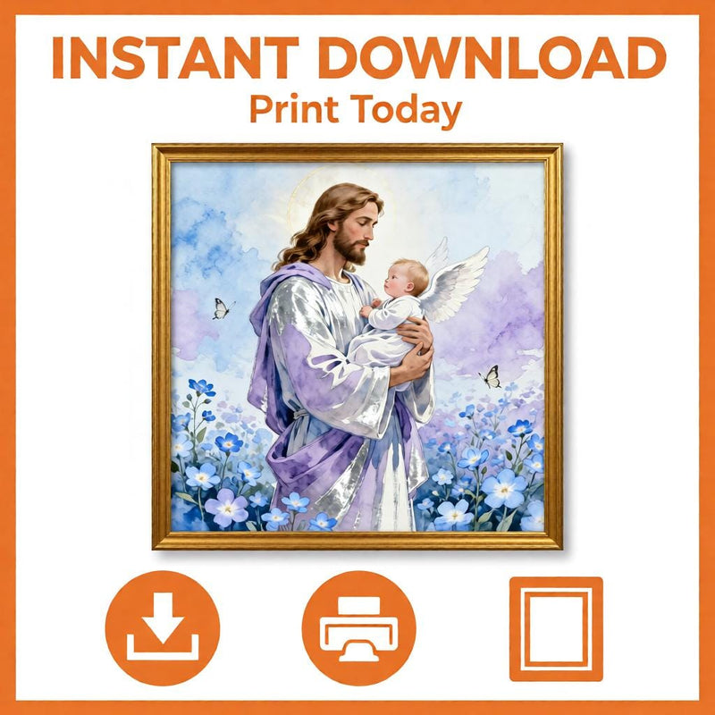 Load image into Gallery viewer, Jesus Baby Art Angel Nursery Print Christian Sympathy Decor Blue Matte Download Gift
