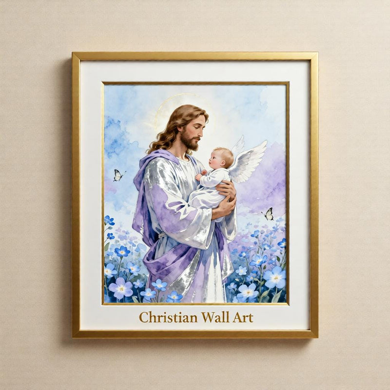 Load image into Gallery viewer, Jesus Baby Art Angel Nursery Print Christian Sympathy Decor Blue Matte Download Gift
