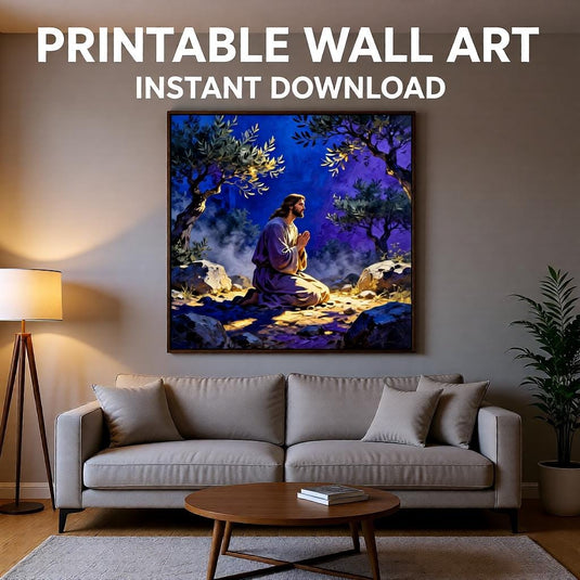 Jesus Praying Art Gethsemane Scene Blue Christian Wall Decor Printable Faith Download
