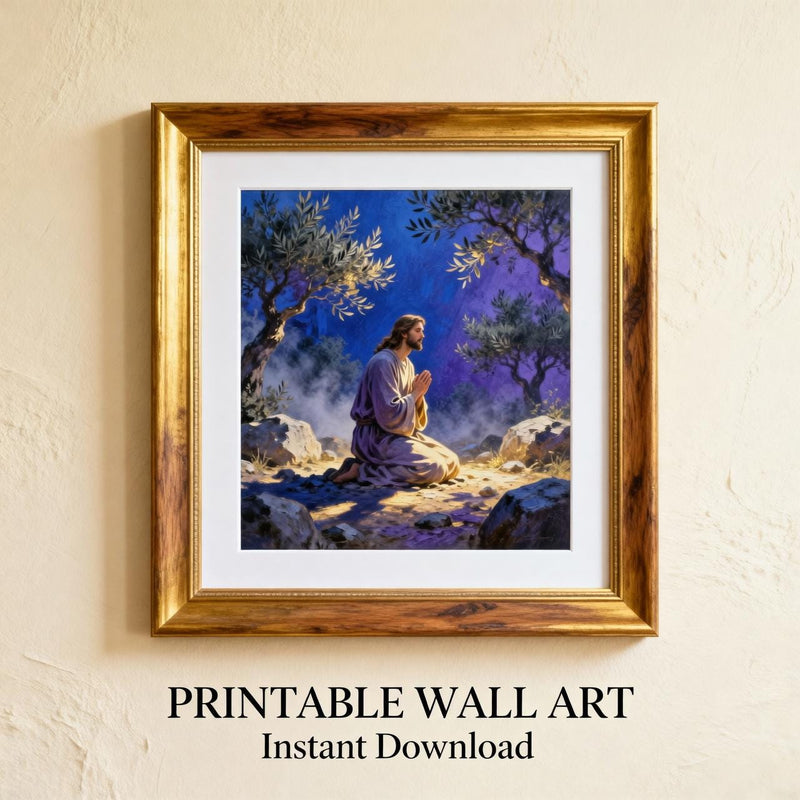 Load image into Gallery viewer, Jesus Praying Art Gethsemane Scene Blue Christian Wall Decor Printable Faith Download
