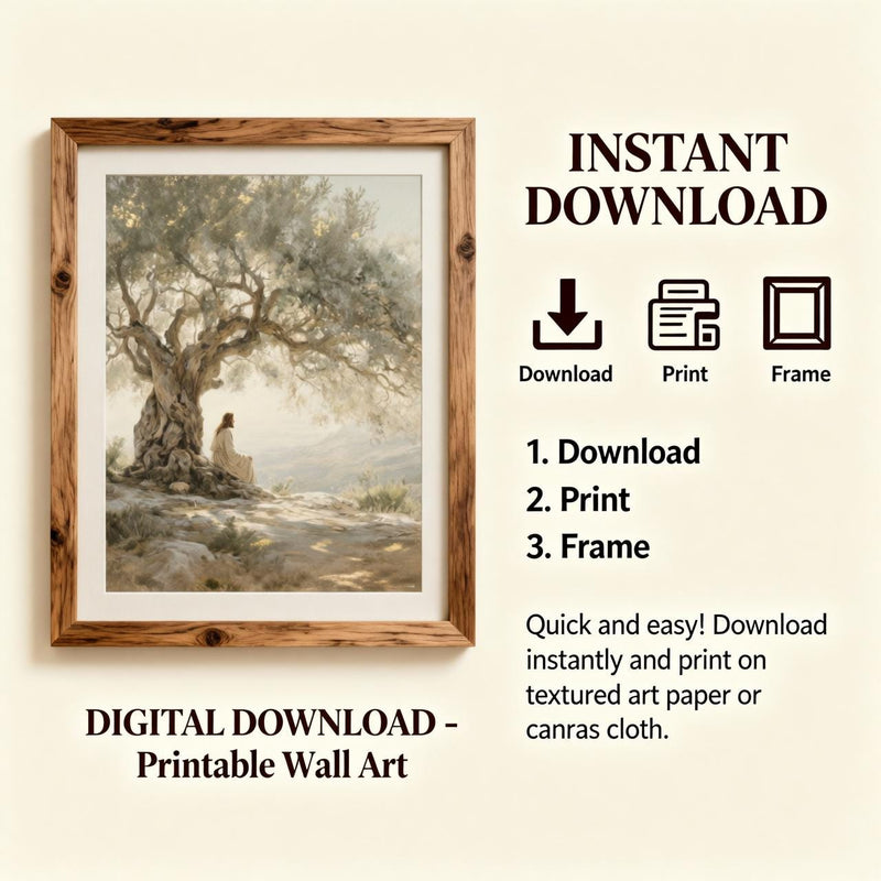 Load image into Gallery viewer, Jesus Prayer Art Gethsemane Scene Olive Tree Neutral Bible Wall Decor Printable Download
