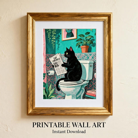 Funny Bathroom Art Cat Newspaper Toilet Humor Wall Decor Printable Matte Download
