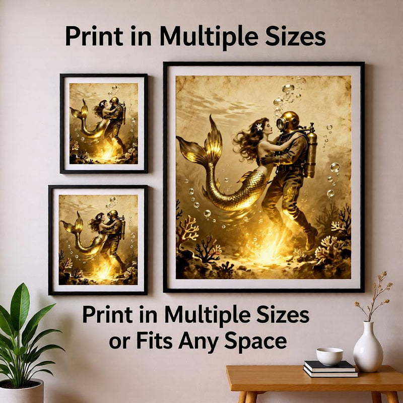 Load image into Gallery viewer, Vintage Mermaid Diver Romantic Ocean Print – Golden Underwater Love Art (Digital Download)
