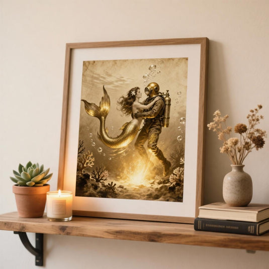 Vintage Mermaid Diver Romantic Ocean Print – Golden Underwater Love Art (Digital Download)