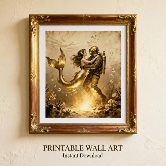 Vintage Mermaid Diver Romantic Ocean Print – Golden Underwater Love Art (Digital Download)