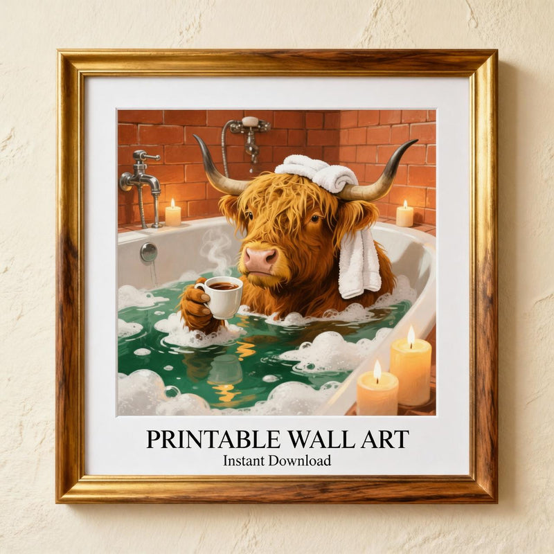Load image into Gallery viewer, Funny Highland Cow Bathroom Wall Art Printable Rustic Farm Animal Bath Decor Digital Download
