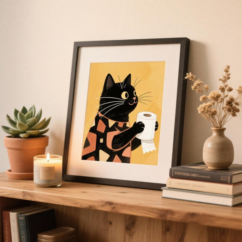 Load image into Gallery viewer, Black Cat Art Funny Bathroom Wall Decor Toilet Paper Printable Matte Download
