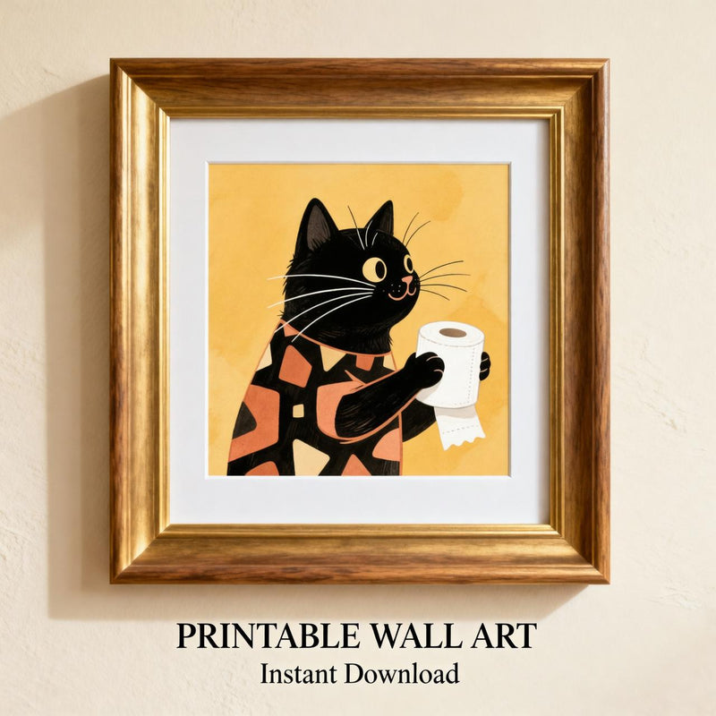 Load image into Gallery viewer, Black Cat Art Funny Bathroom Wall Decor Toilet Paper Printable Matte Download
