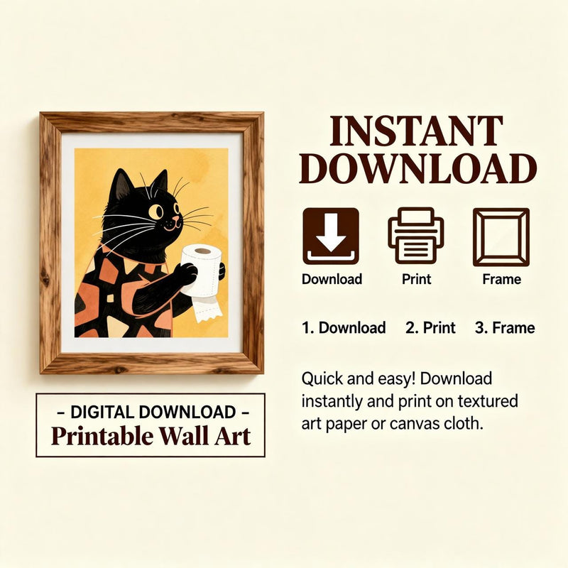 Load image into Gallery viewer, Black Cat Art Funny Bathroom Wall Decor Toilet Paper Printable Matte Download
