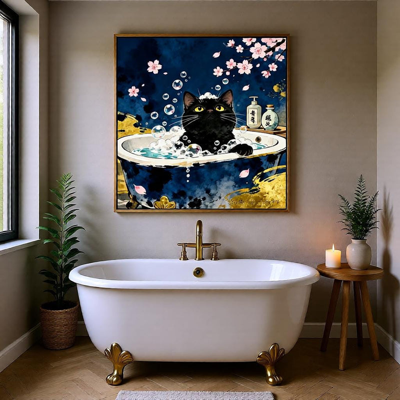 Load image into Gallery viewer, Black Cat Wall Art Japandi Zen Bathroom Decor Toilet Printable Matte Download
